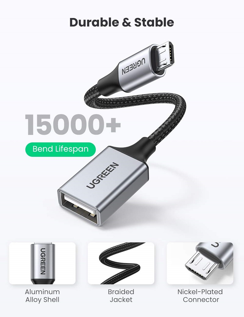 Ugreen 30895 Micro USB sang USB A M/F 2.0 Cáp mạ niken vỏ nhôm có dây bện cao cấp